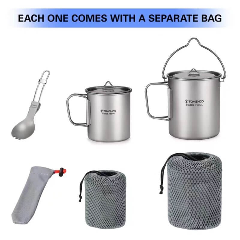 3-Piece Set Ultralight Outdoor Camping Titanium Cookware Packing