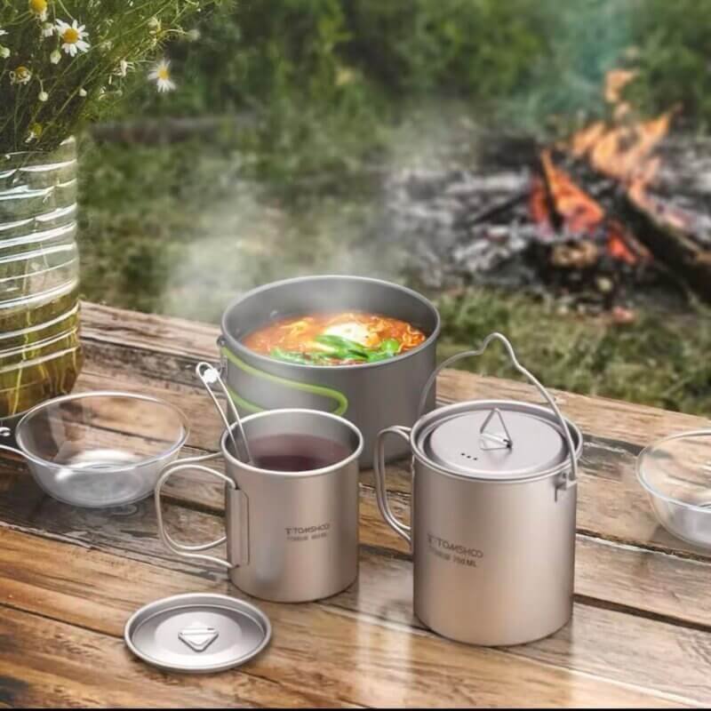 3-Piece Set Ultralight Outdoor Camping Titanium Cookware Used in Camping