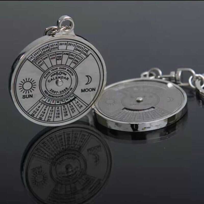 A 50-year perpetual calendar keyring front side