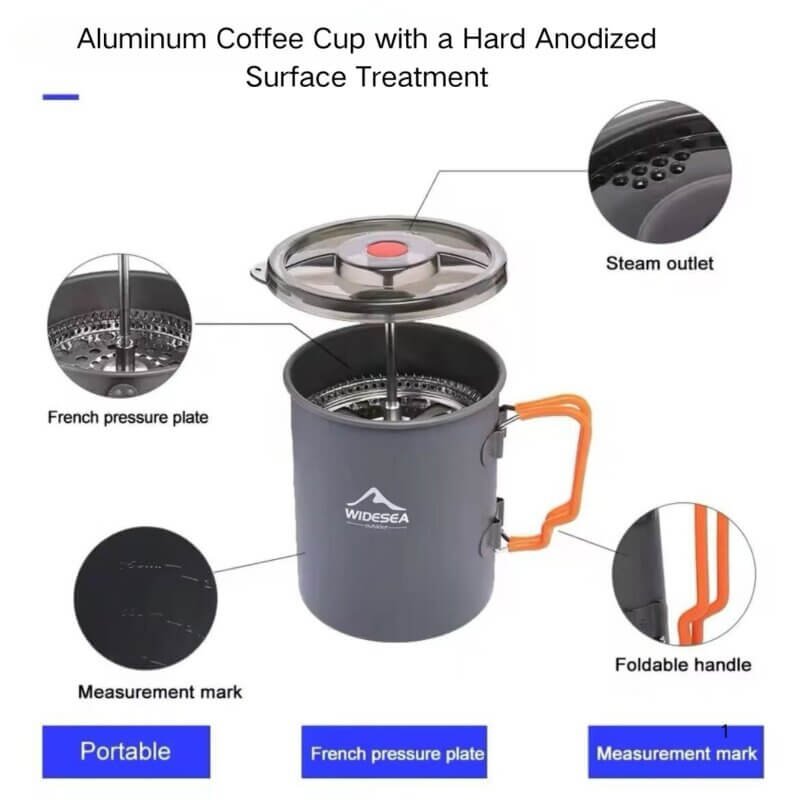 Image showing all the detailed features of the Widesea French Press Coffee Pot for camping