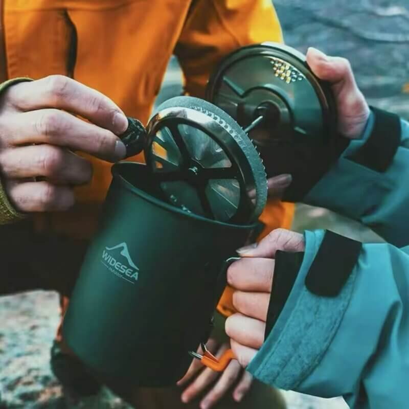 Widesea French Press Coffee Pot being used in the wilderness during a camping trip