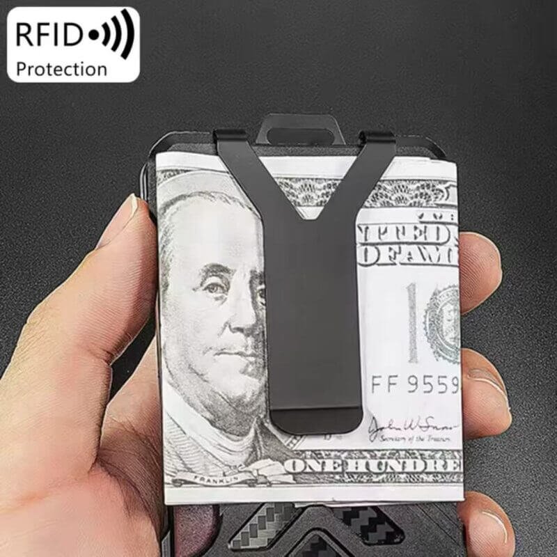 An RFID-blocking wallet featuring a money clip for holding cash securely