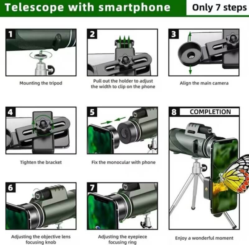 Instruction of how to install Portable 80x100 High Powered HD Monocular Telescope with a smartphone