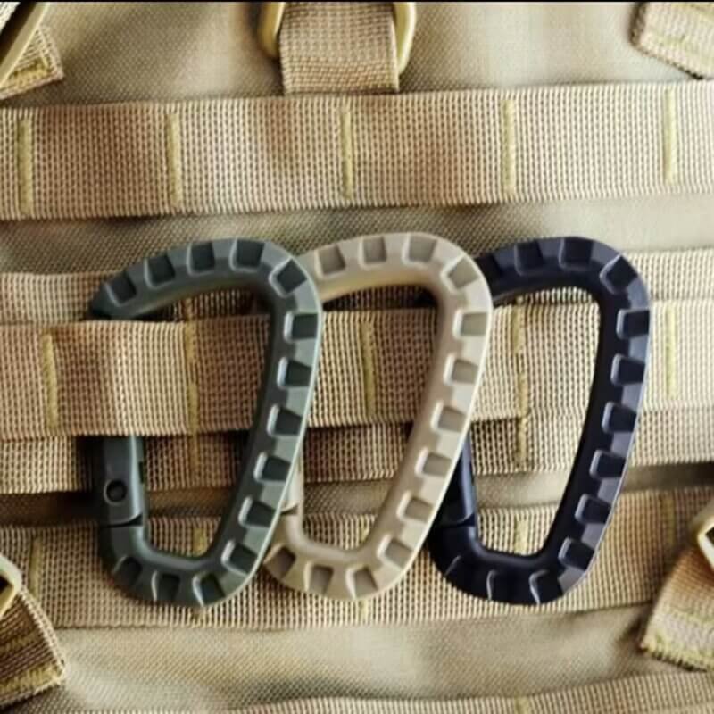 Heavy Plastic Tactical Carabiner Clip D Shape Hook Attached to a Molle Tactical Bag