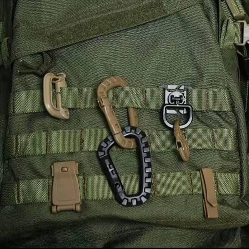 Heavy Plastic Tactical Carabiner Clip D Shape Hook Attached to a Molle Vest