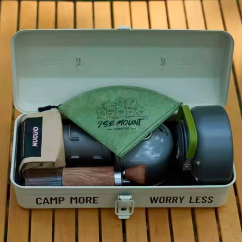 A coffee filter holder placed in a waterproof storage box