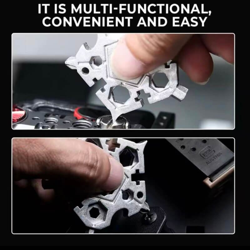 A person using a 23-in-1 pocket multi tool wrench