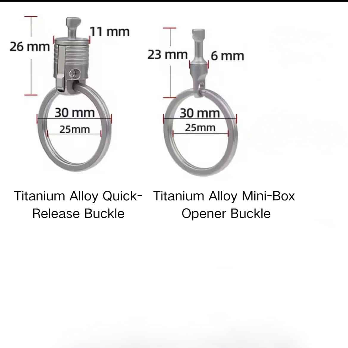 The selection of different-sized keyring connectors compatible with the titanium quick-release belt clip